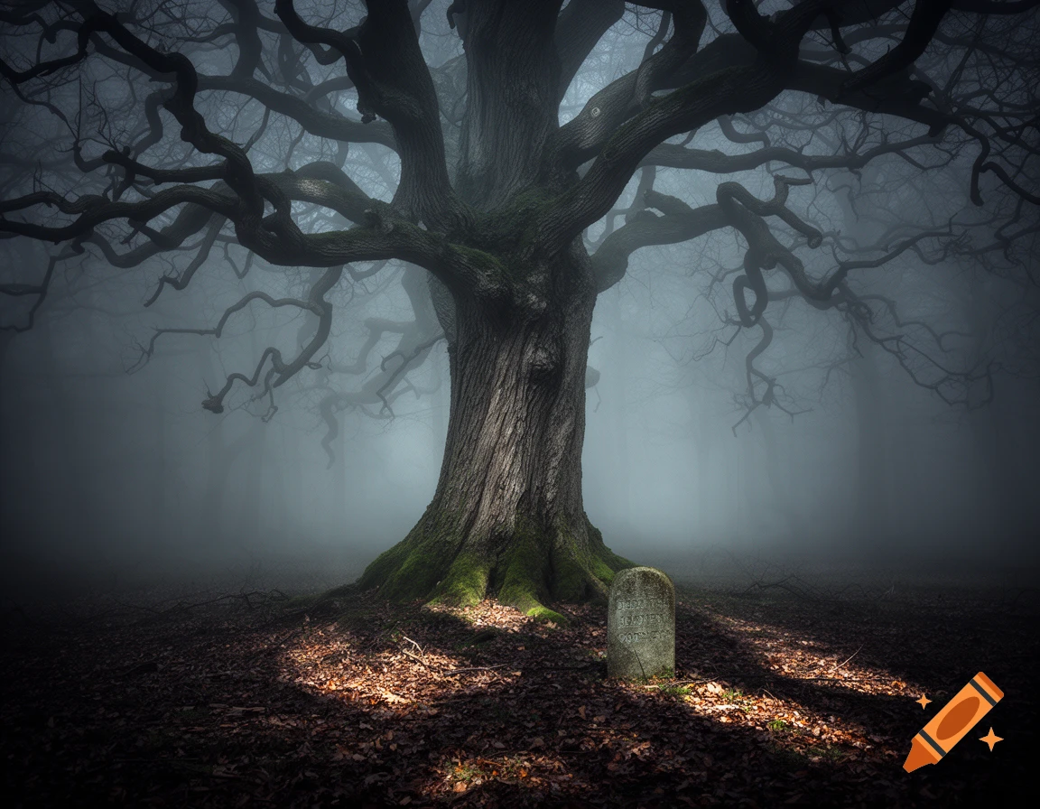 A large, ancient gnarled tree stands over a tombstone in a dark, misty forest, illuminated by a beam of light on the ground.