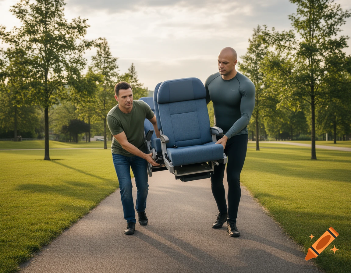 Two men, one in a green t-shirt and jeans, the other bald in a long-sleeve shirt, carry a blue airplane seat along a park path.