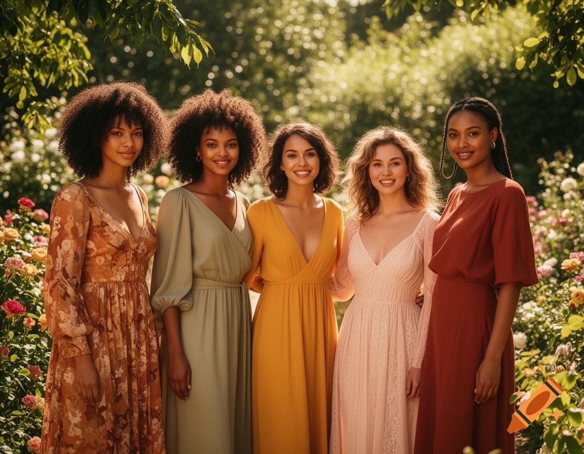 Five smiling women in various long, flowing dresses stand in a sunlit rose garden.