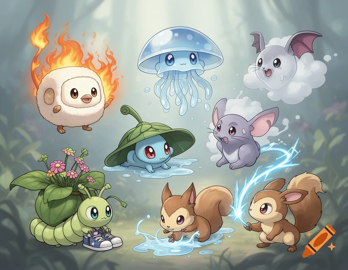 Seven cute, cartoon-style fantasy creatures, including fiery, jellyfish, bat, worm with sneakers, chinchilla, and two squirrels, in a forest.