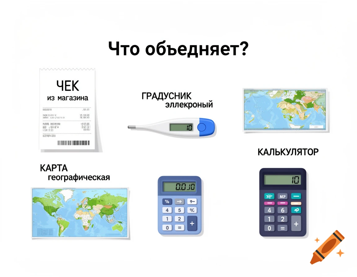 A white diagram featuring six items and a question in Russian. Items include a shopping receipt, two world maps, a digital thermometer showing '10', and two calculators, one showing '10' and another '0.0JO'. The question asks 'What unites?'