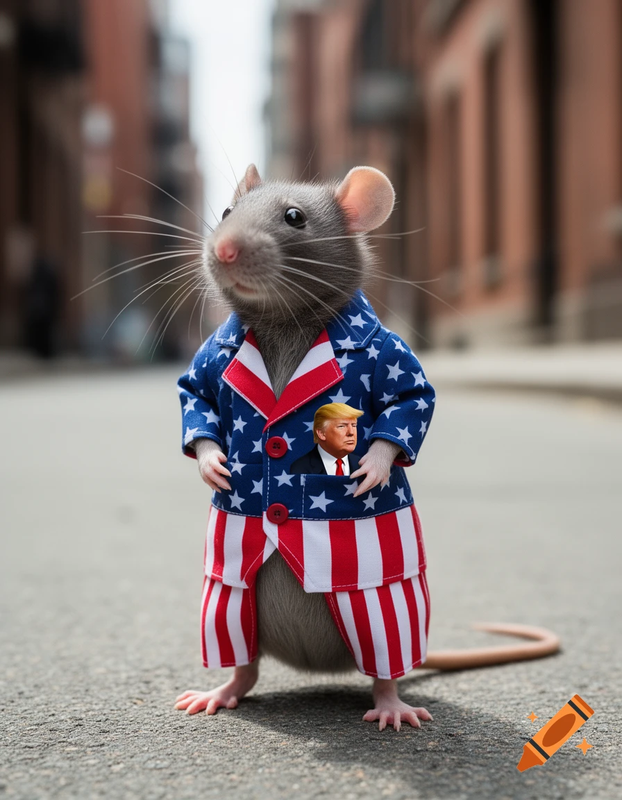 A rat stands in an American flag suit with a photo of Donald Trump in its jacket pocket, on a blurred city street.