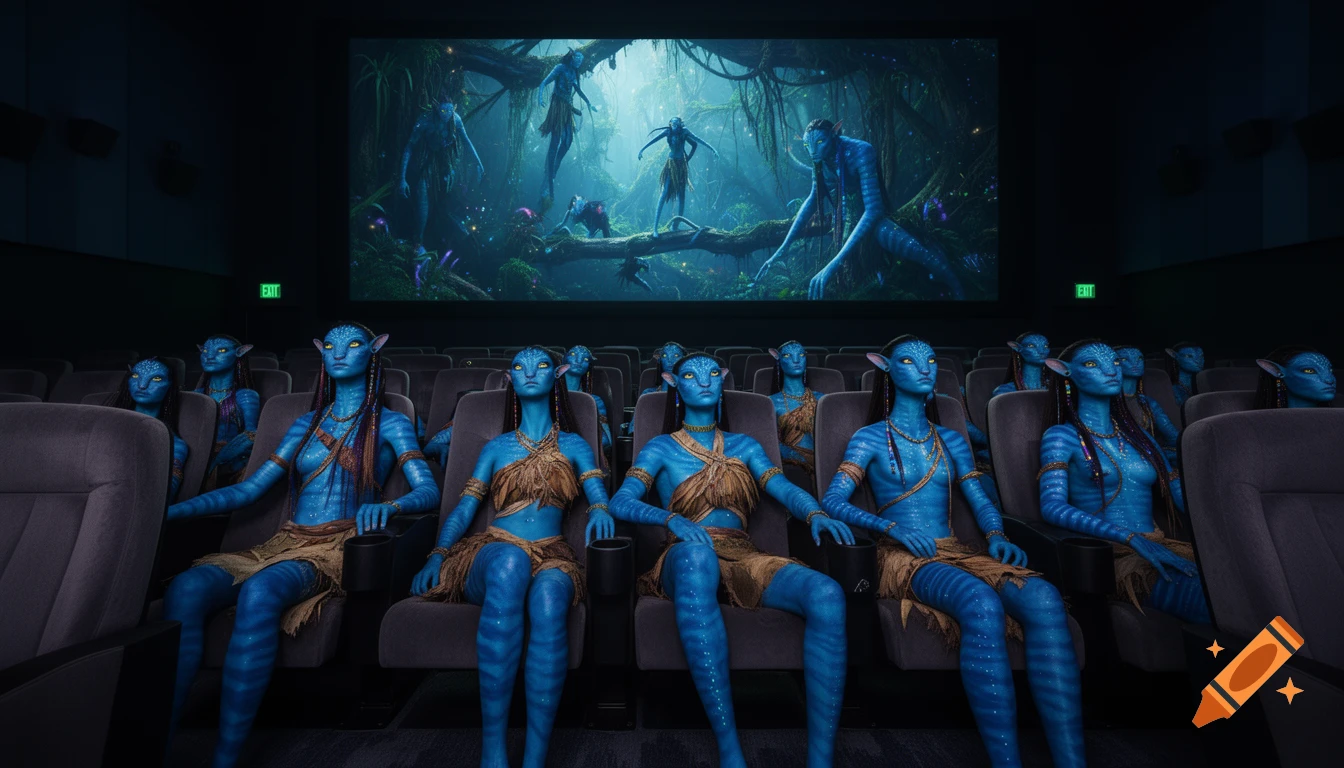 Photorealistic Na'vi characters sit in a dark movie theater watching an Avatar film on the large screen.