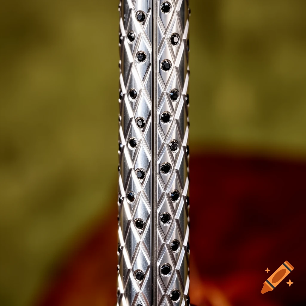 Close-up of a silver rifle barrel with a double diamond fluted pattern, each diamond encrusted with a black stone.