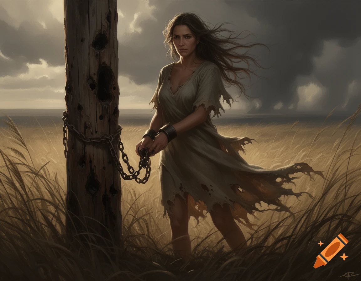 A solemn woman in a torn dress with cuffs chained to a wooden post in a grassy field under a stormy sky, photorealistic digital painting.