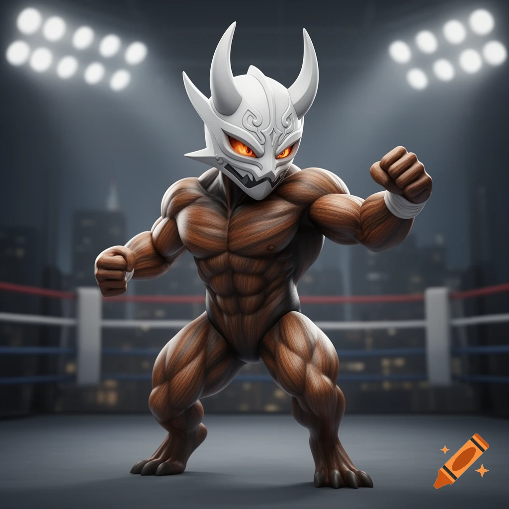 A muscular, humanoid figure with wood-like skin and a white, horned devil mask with glowing orange eyes, posing in a boxing ring.