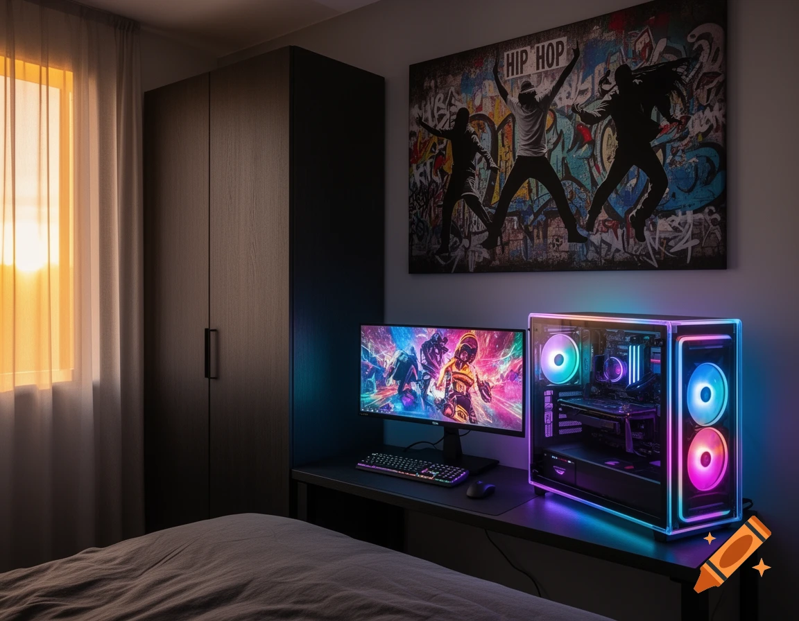A bedroom features a glowing RGB gaming PC setup on a desk, a hip-hop graffiti poster, and a wardrobe, with warm morning light from a window.
