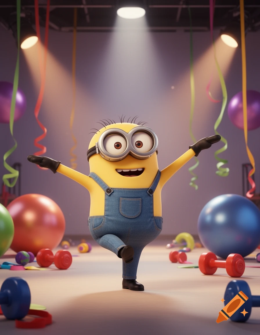 A 3D rendered Minion in overalls and goggles balances on one foot with arms outstretched, surrounded by exercise equipment and party streamers under spotlights.