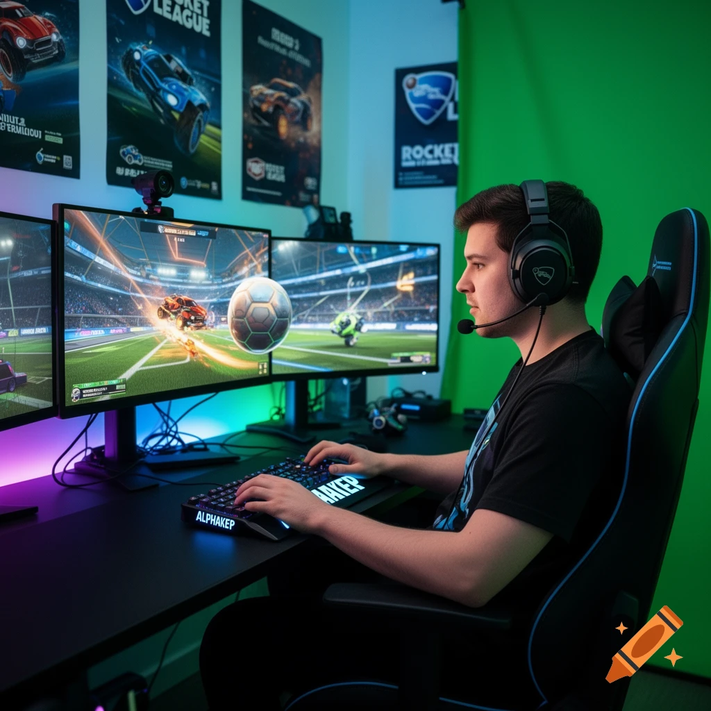 A young man with headphones plays Rocket League on a multi-monitor gaming setup, with posters and a green screen behind him.