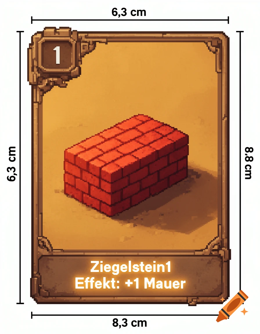 A pixel art trading card showing a red brick with the number 1 and German text.