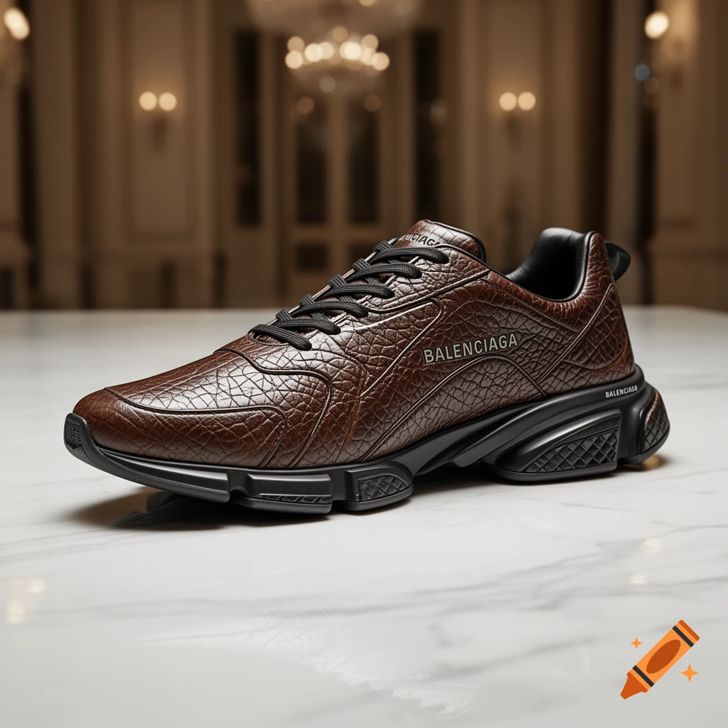 A brown Balenciaga runner shoe made of textured leather, with black laces and a chunky black sole, on a marble surface in a luxurious setting.