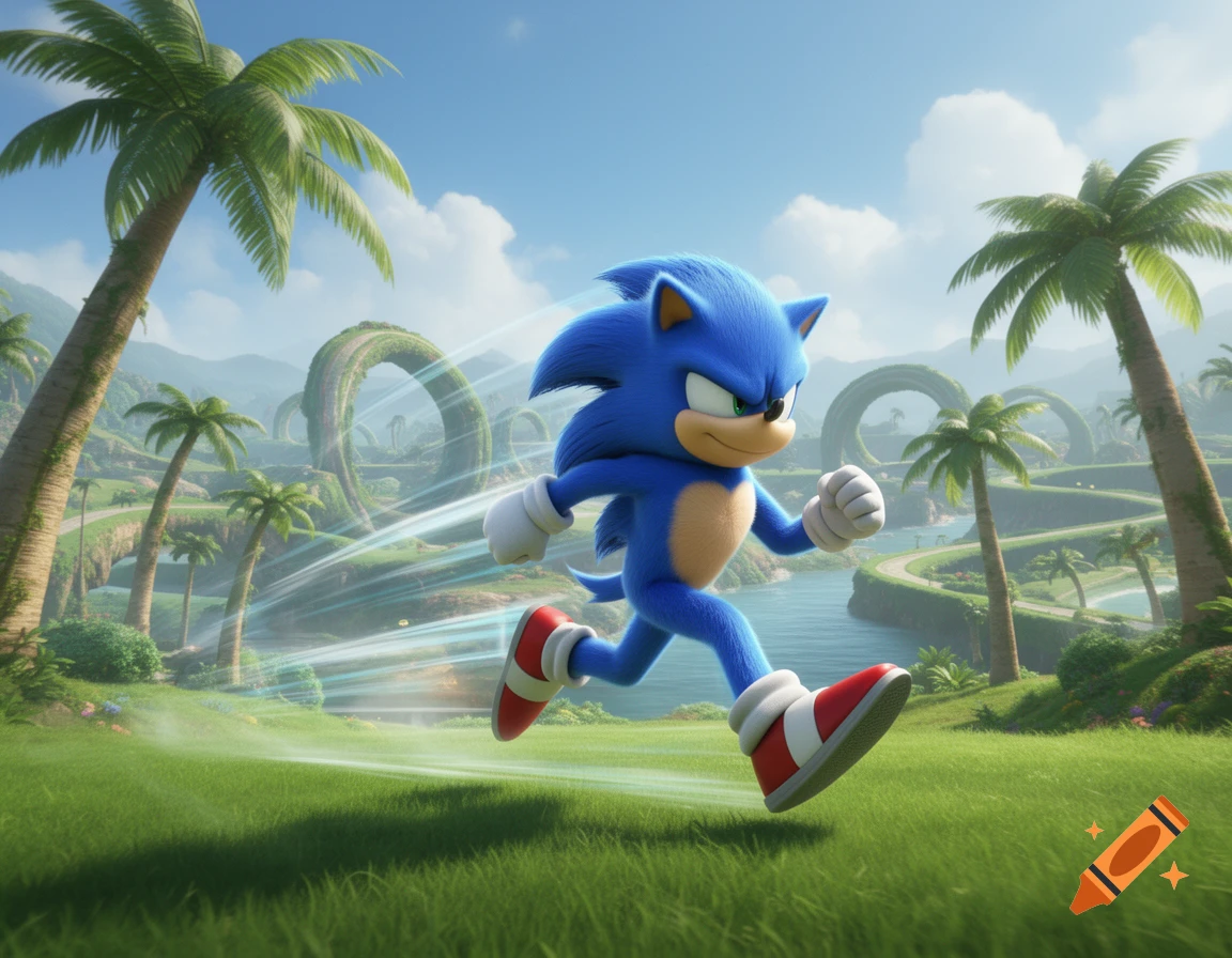 Sonic the Hedgehog speeds through a lush, tropical landscape with palm trees, a river, and iconic loop-de-loops under a blue sky.