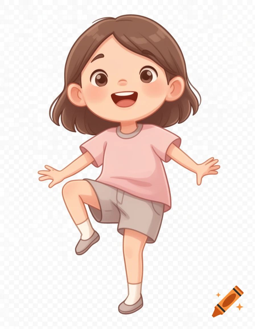 Smiling cartoon girl with brown hair, pink shirt, and grey shorts, balancing on one leg on a transparent background.
