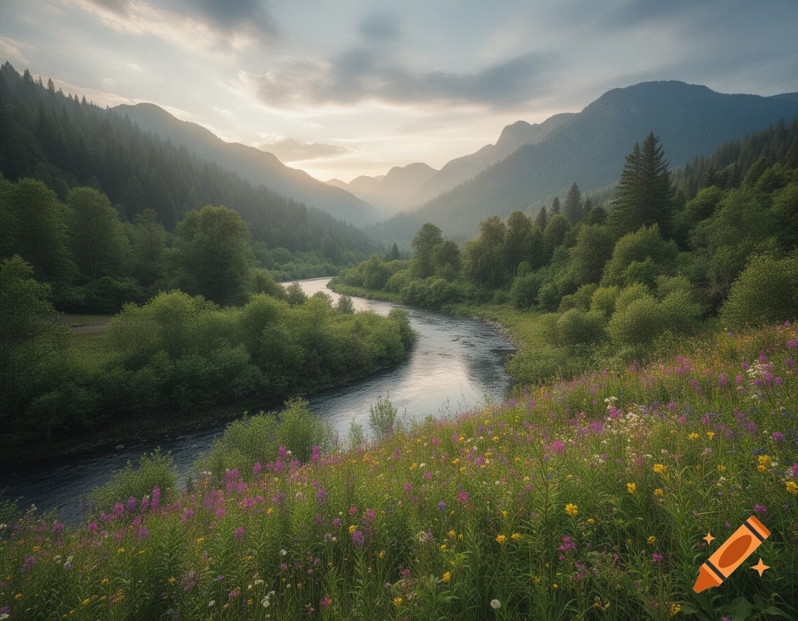 A serene river winds through a lush valley, flanked by dense forests and mountains under a soft, cloudy sky, with vibrant wildflowers in the foreground.