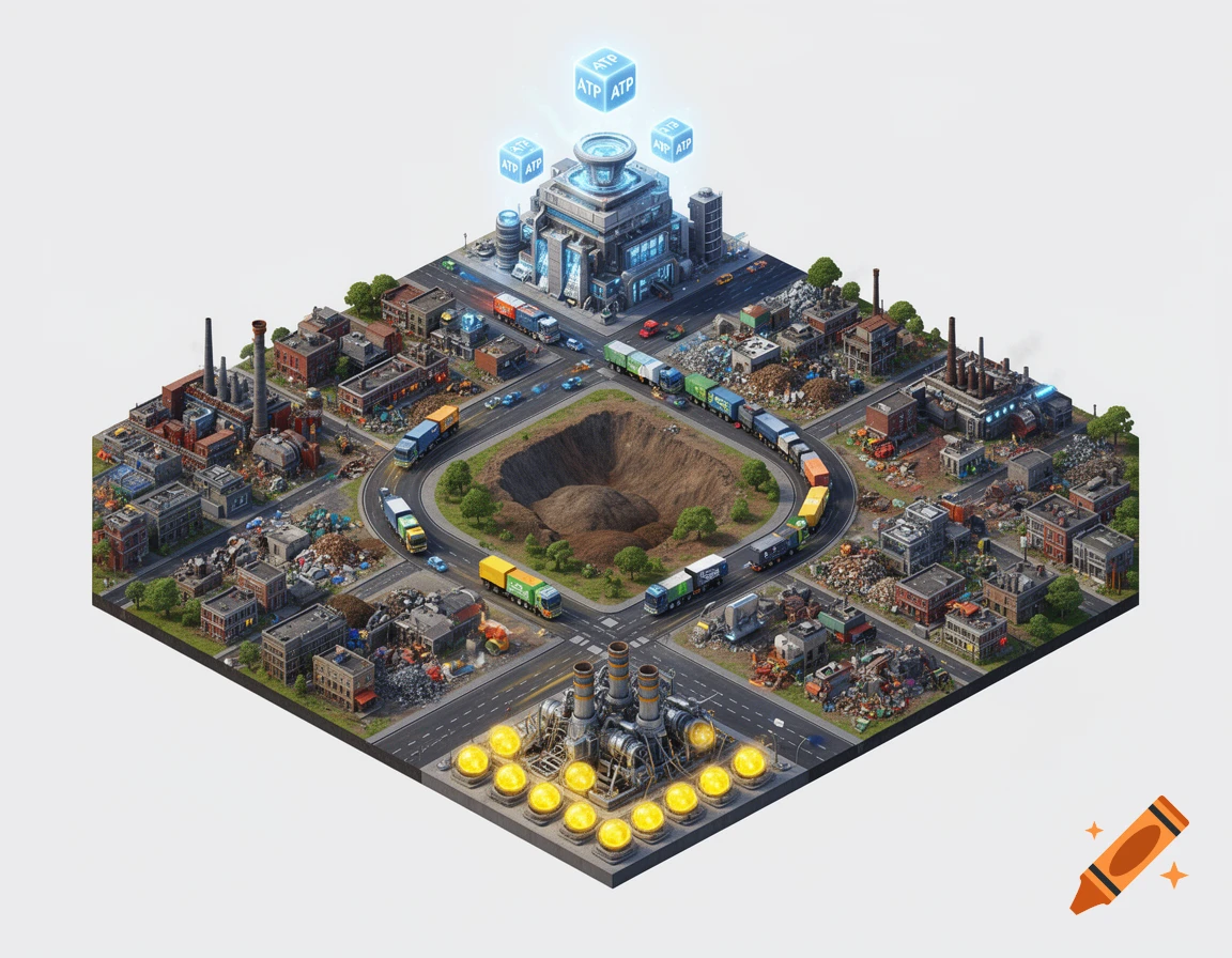 Isometric view of a bustling industrial city with factories, roads, vehicles, a central waste pit, and a power plant.