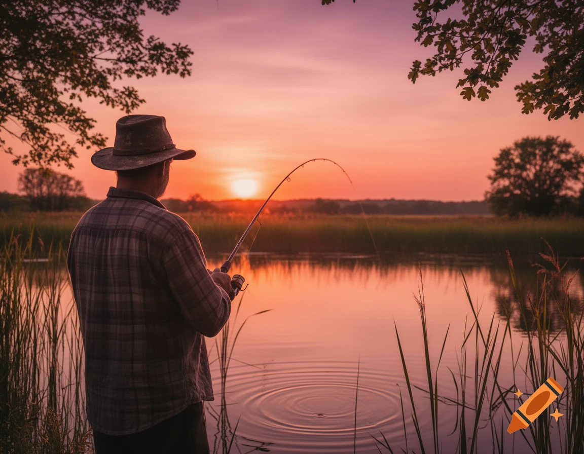 A fisherman stands with his back to the viewer, fishing in a pond at a vibrant pink and orange sunset.