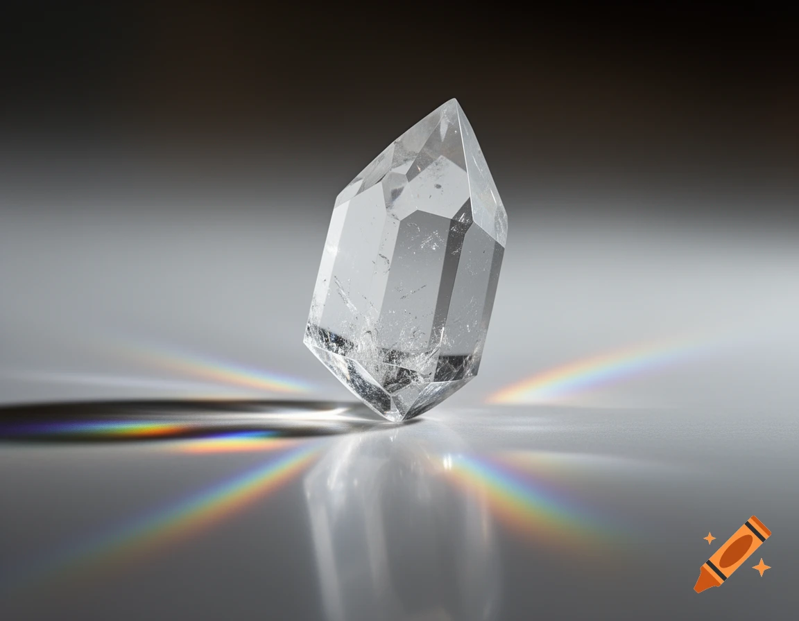 A clear faceted crystal prism stands on a reflective surface, casting vibrant rainbow light refractions across the foreground.