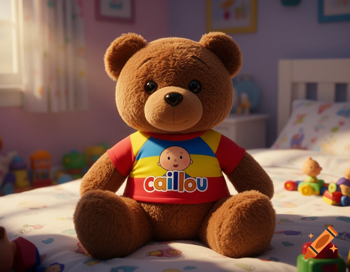 A fluffy brown teddy bear wearing a Caillou shirt sits on a bed in a sunlit child's bedroom.