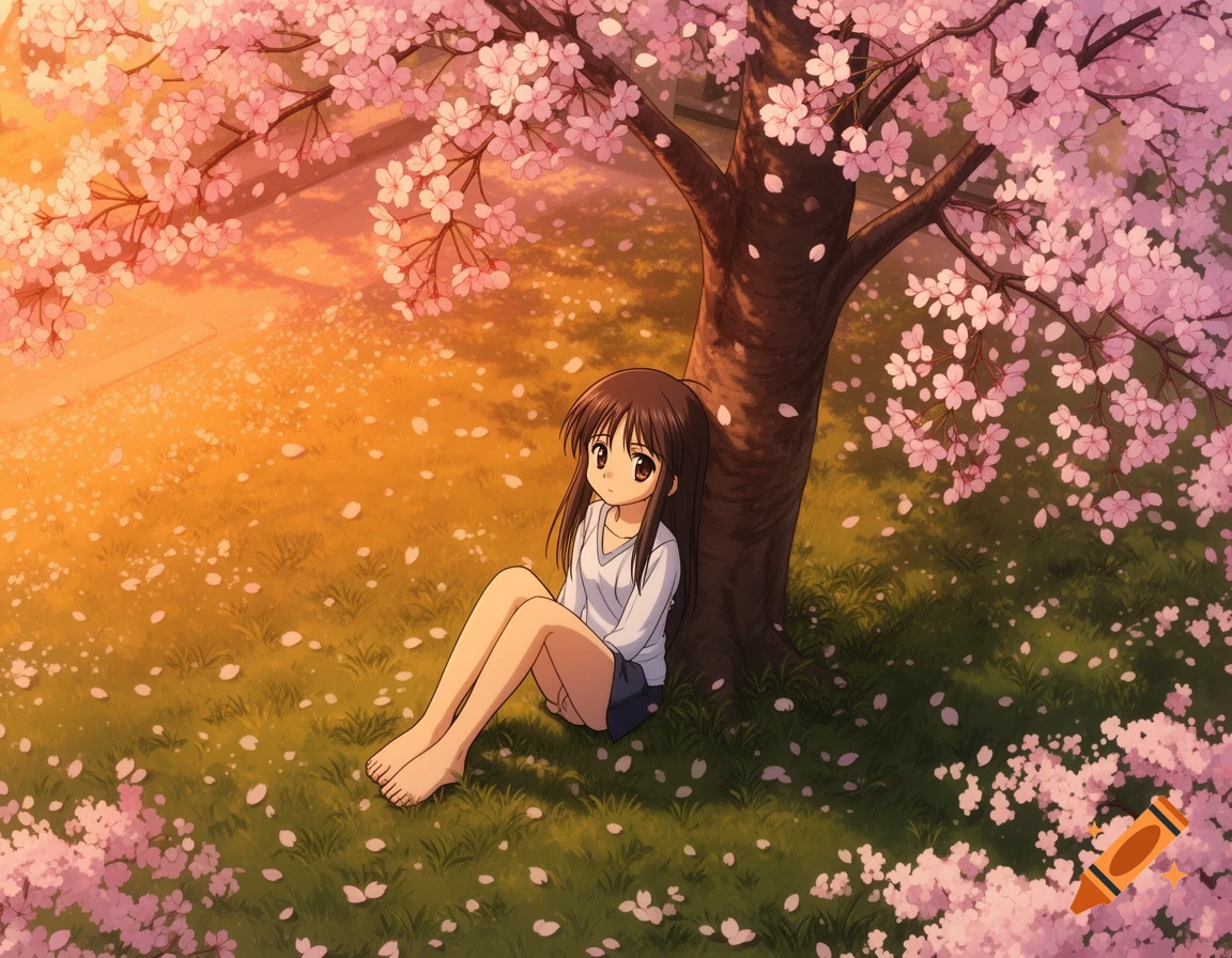 Anime girl sitting barefoot under a blossoming cherry tree with falling pink petals and golden light.