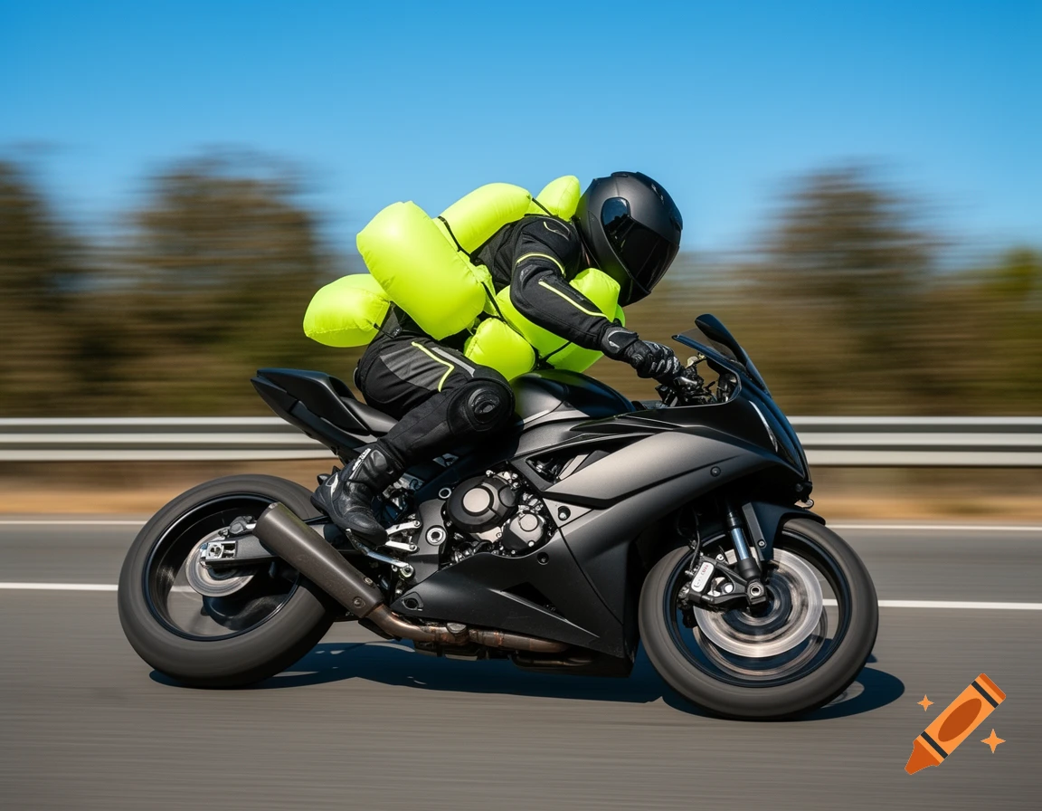 A motorcyclist in a black suit with bright neon yellow airbags deploying rides a black sportbike on a highway.