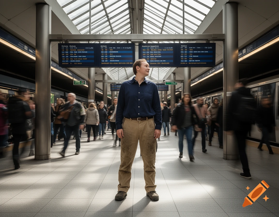 A man in a blue shirt and khaki pants stands in a bustling, bright metro station with blurred crowds and information screens.