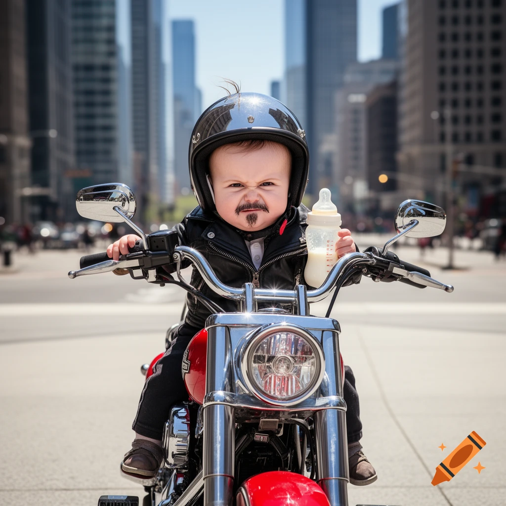 A baby in a biker helmet and leather jacket with a fake mustache sits on a red motorcycle, holding a bottle, on a city street.