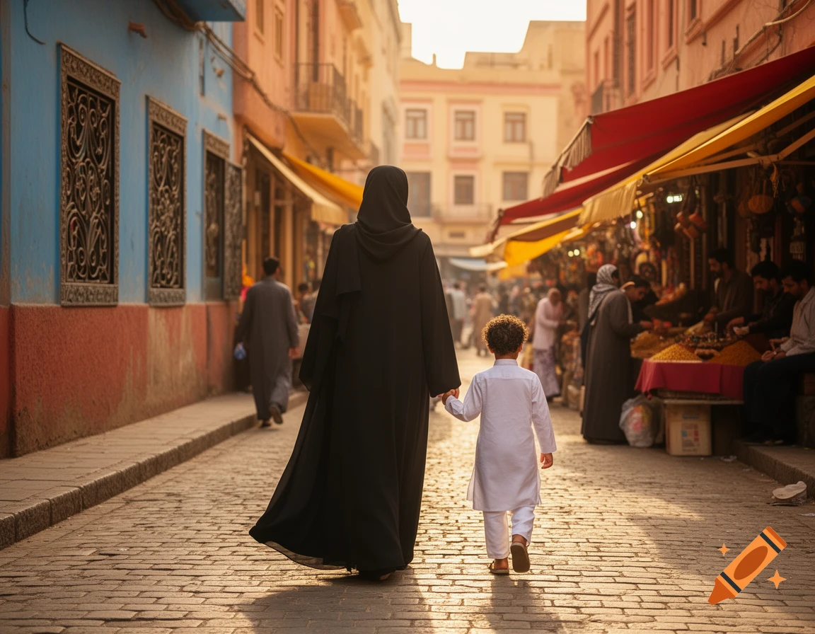 A woman in a black abaya holding a child's hand, walking down a cobblestone street in a vibrant market at sunset.