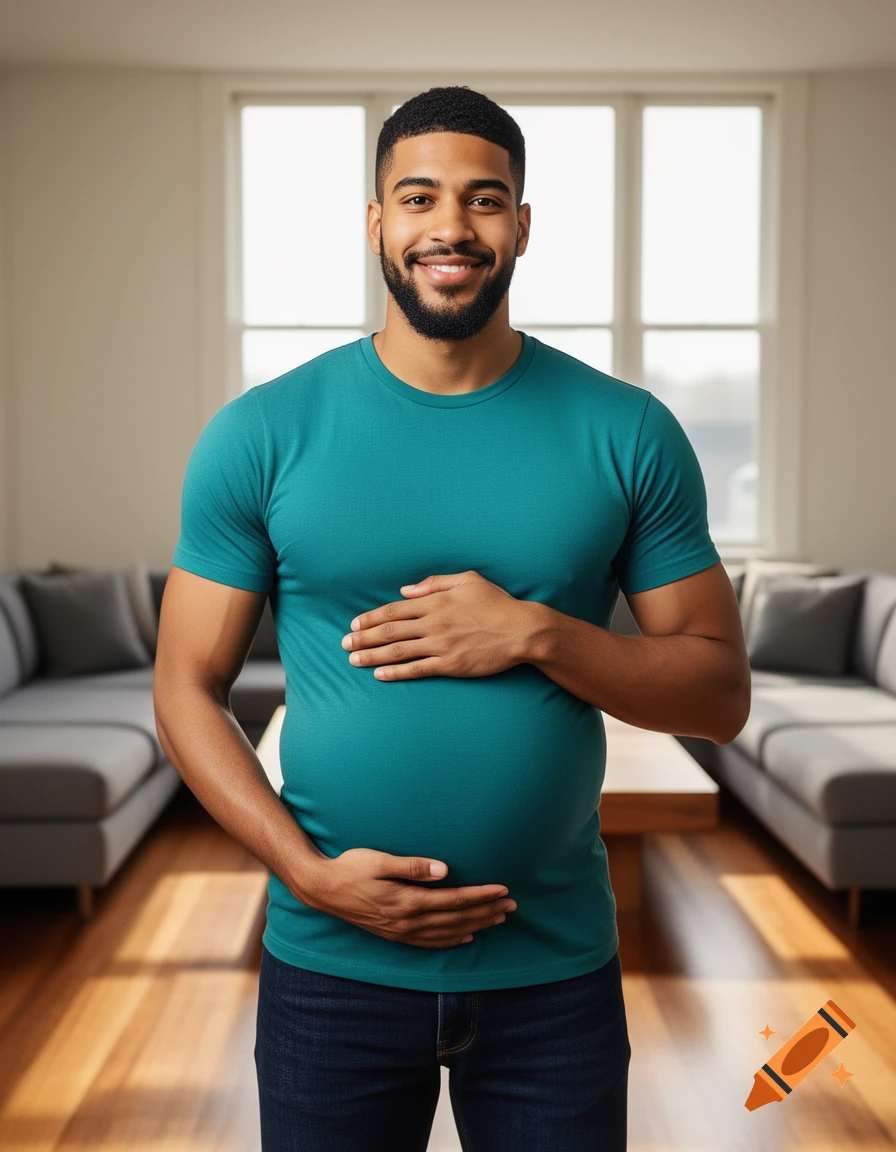 A smiling man with a pregnant belly stands in a brightly lit living room, hands on his stomach.