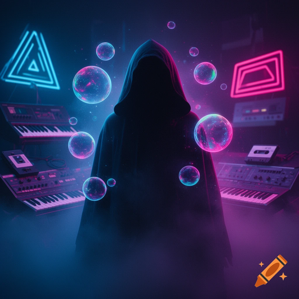 A dark, hooded figure stands amidst glowing neon bubbles, synthesizers, and geometric lights in a mysterious synthwave setting.