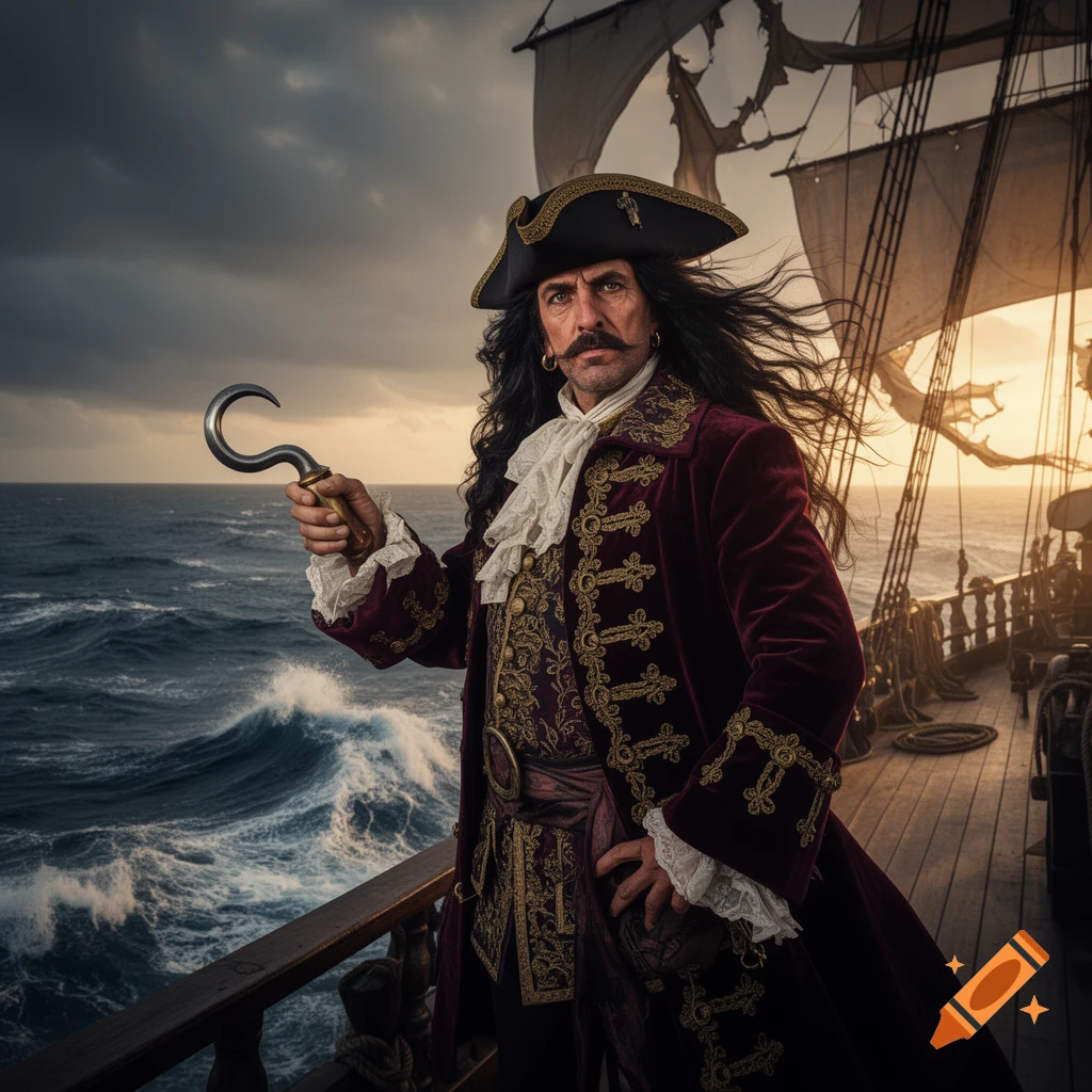 Captain Hook on a pirate ship at sea, holding his hook. Stormy sky and sunset visible behind him.