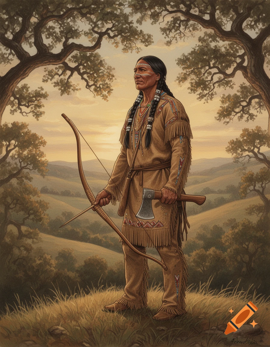 Historical illustration of a Native American warrior in deerskin, holding a bow and tomahawk, standing in a grassy field.