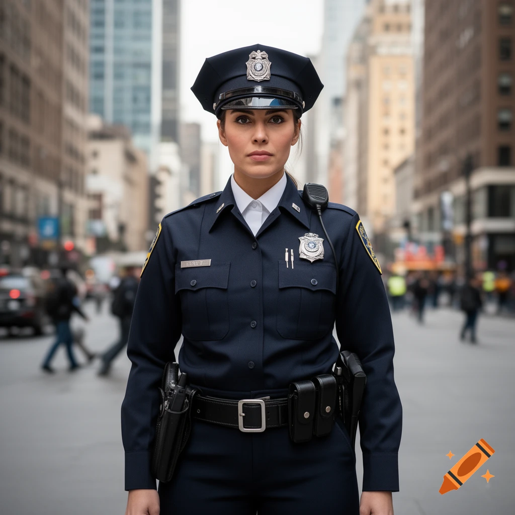 A photorealistic image of a female police officer in a dark uniform and hat, standing in the middle of a city street, looking straight ahead.