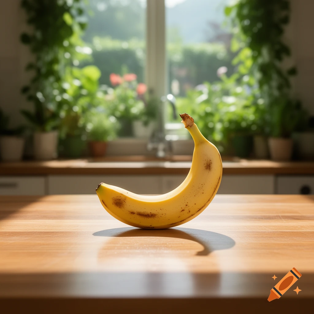 A single ripe banana rests on a sunlit wooden kitchen counter with a blurred window and plants in the background.