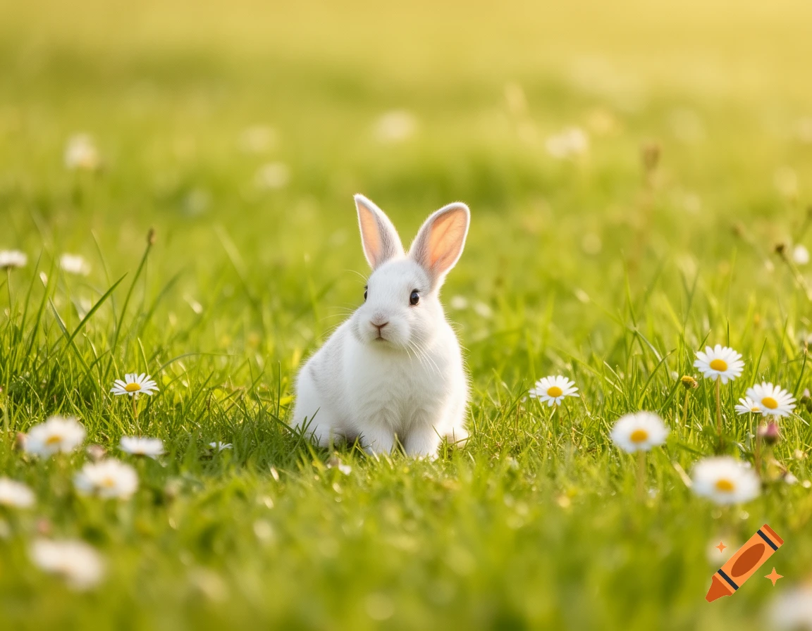 A fluffy white rabbit sits in a lush green meadow dotted with white ...