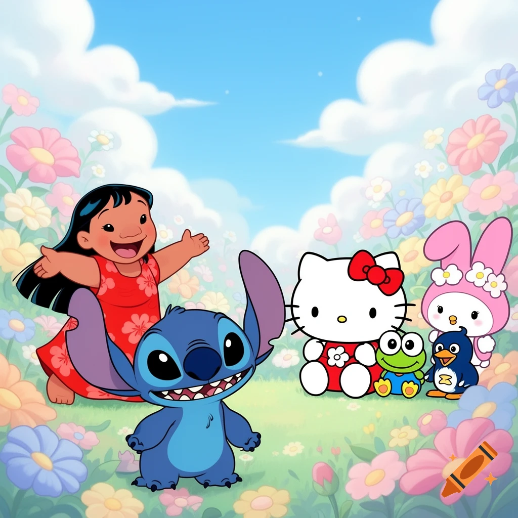 Lilo, Stitch, Hello Kitty, My Melody, Keroppi, and a penguin cartoon characters in a vibrant flower field under a blue sky.