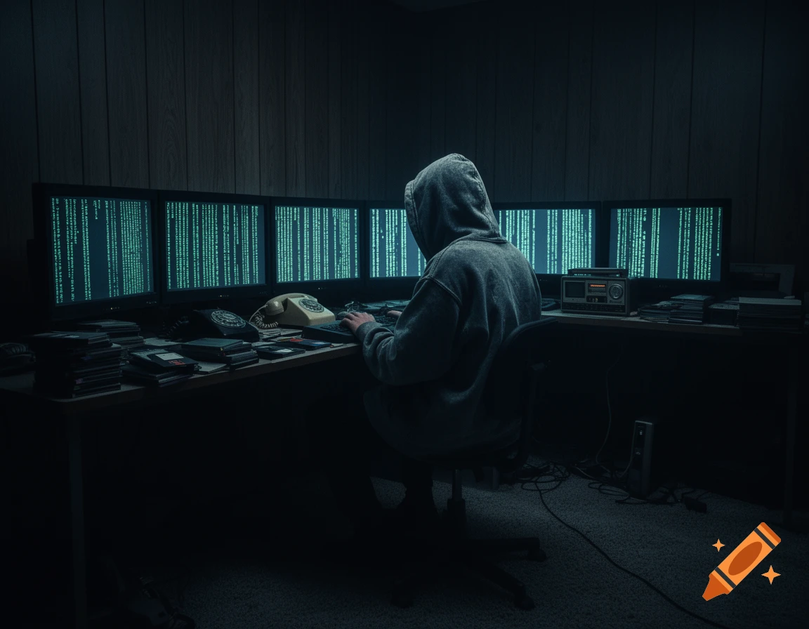 A hooded figure sits in a dark room, typing at a desk surrounded by multiple computer monitors displaying green code, 80s style.