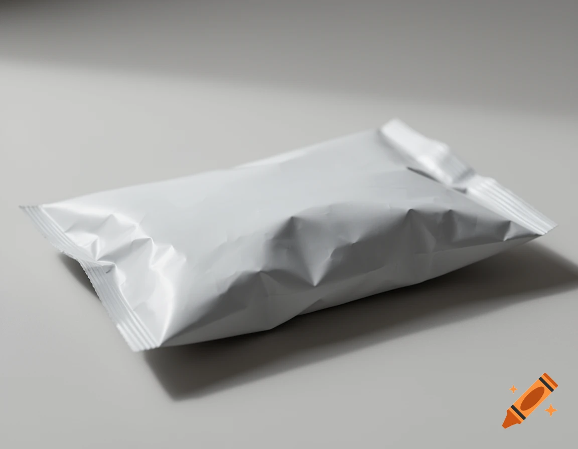 A plain white, crinkled chip bag rests on a light gray surface, with soft shadows.