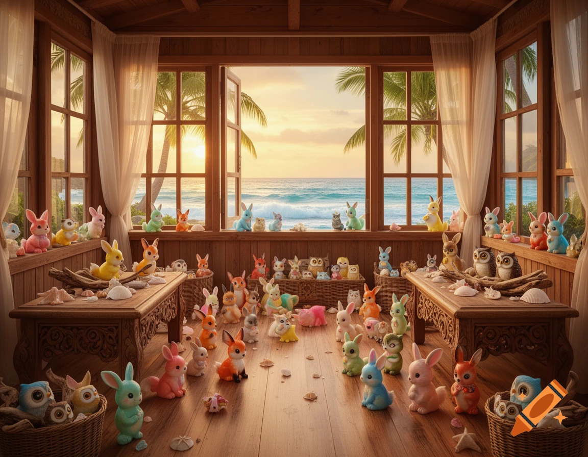 Many cute, colorful resin animals, including bunnies, foxes, and owls, are scattered on the wooden floor and tables of a tropical beach house at sunset.