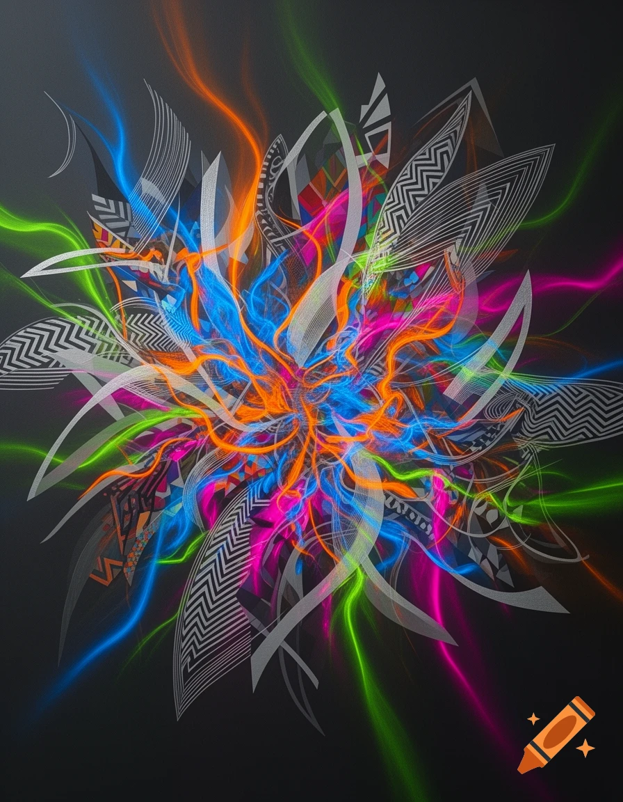 A vibrant abstract artwork with glowing neon orange, blue, pink, and green lines interwoven with geometric grey and white patterns on a dark background.