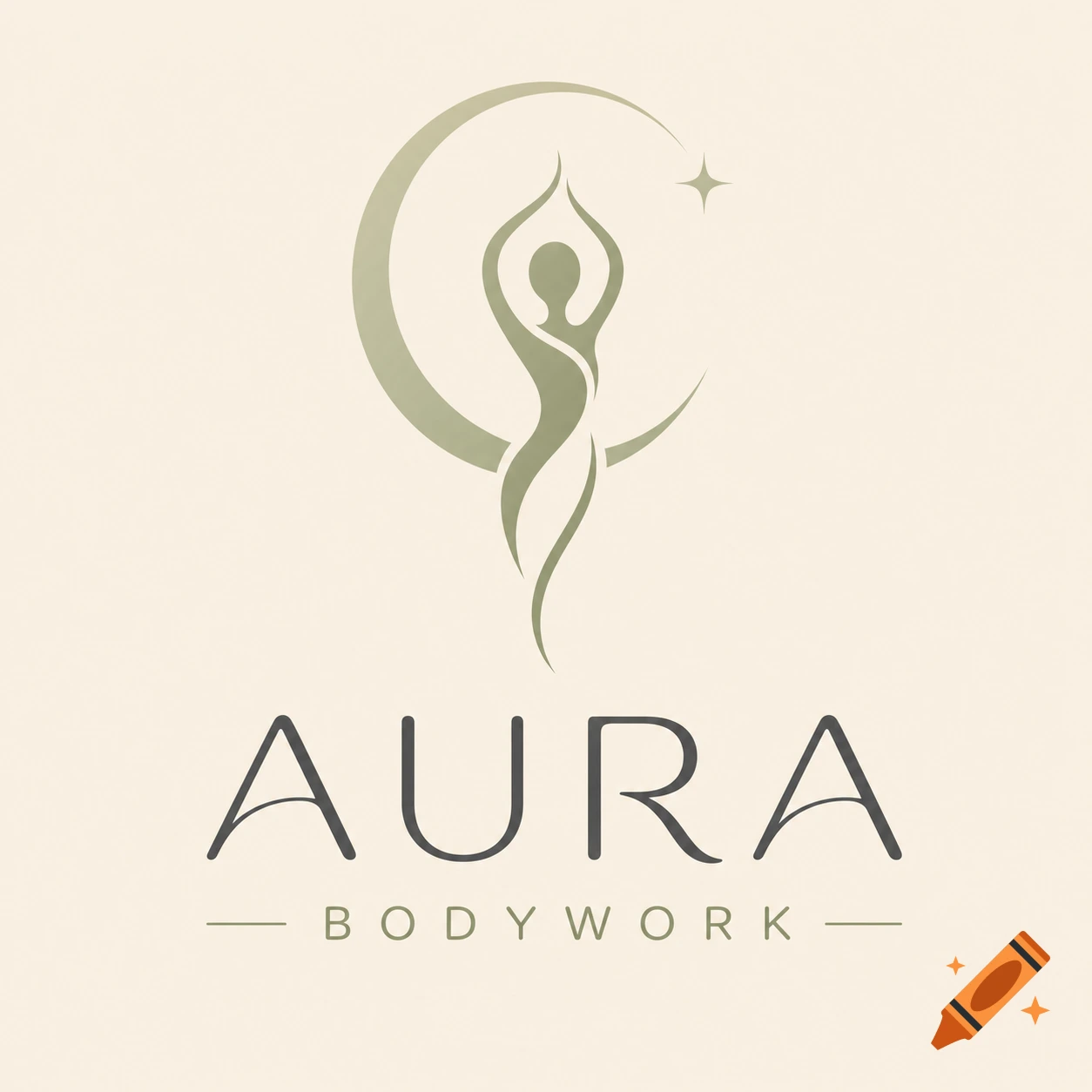 A minimalist logo for 'Aura Bodywork' featuring an abstract human silhouette integrated with a crescent moon and a star in sage green and charcoal grey on a beige background.