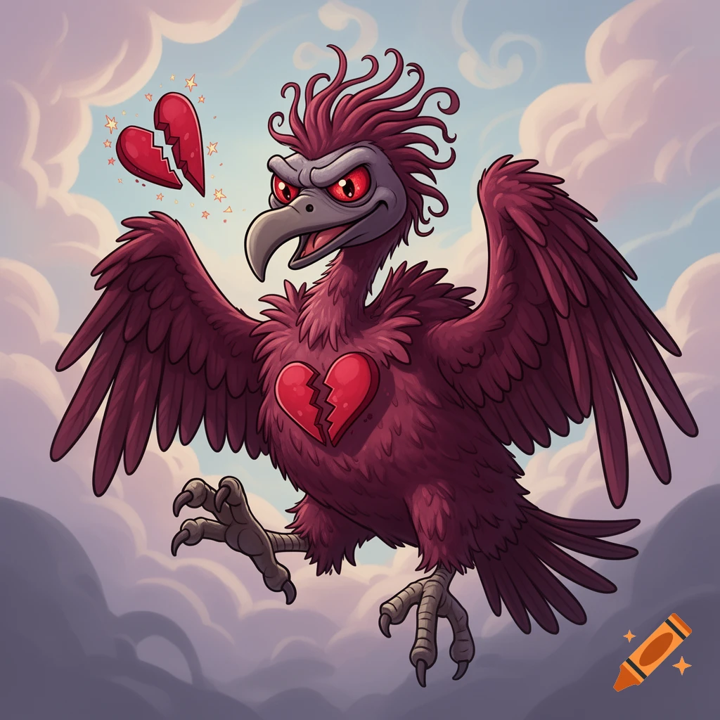 A cartoon vulture with red eyes, a broken heart on its chest, and another broken heart floating nearby, against a cloudy sky.