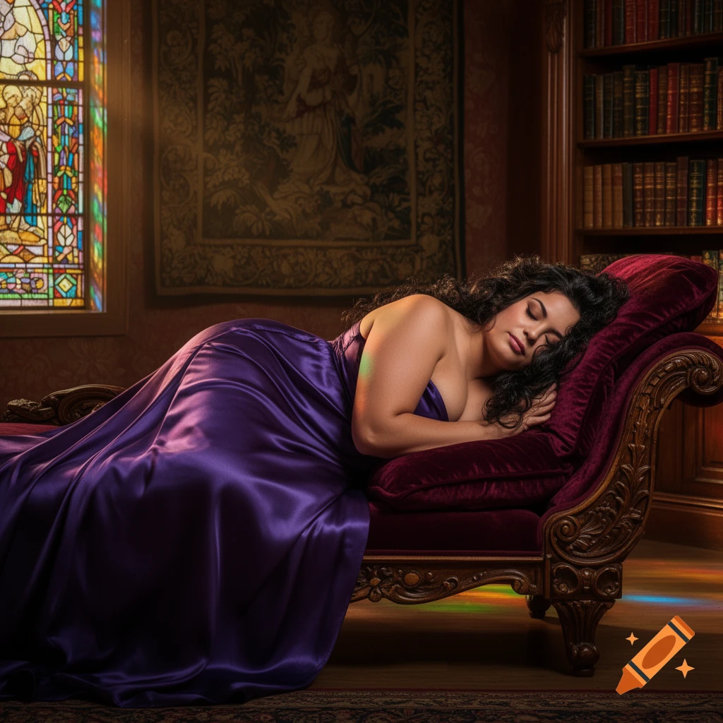 A curvy woman sleeps peacefully on a velvet chaise lounge in a lavish room with stained glass window and a bookshelf.