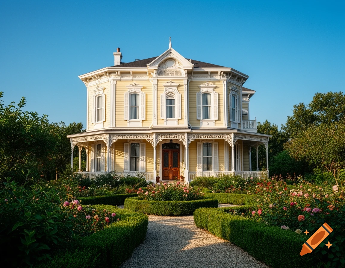 A grand yellow Victorian-style house with white trim, a porch, and a formal rose garden with a gravel path under a blue sky.