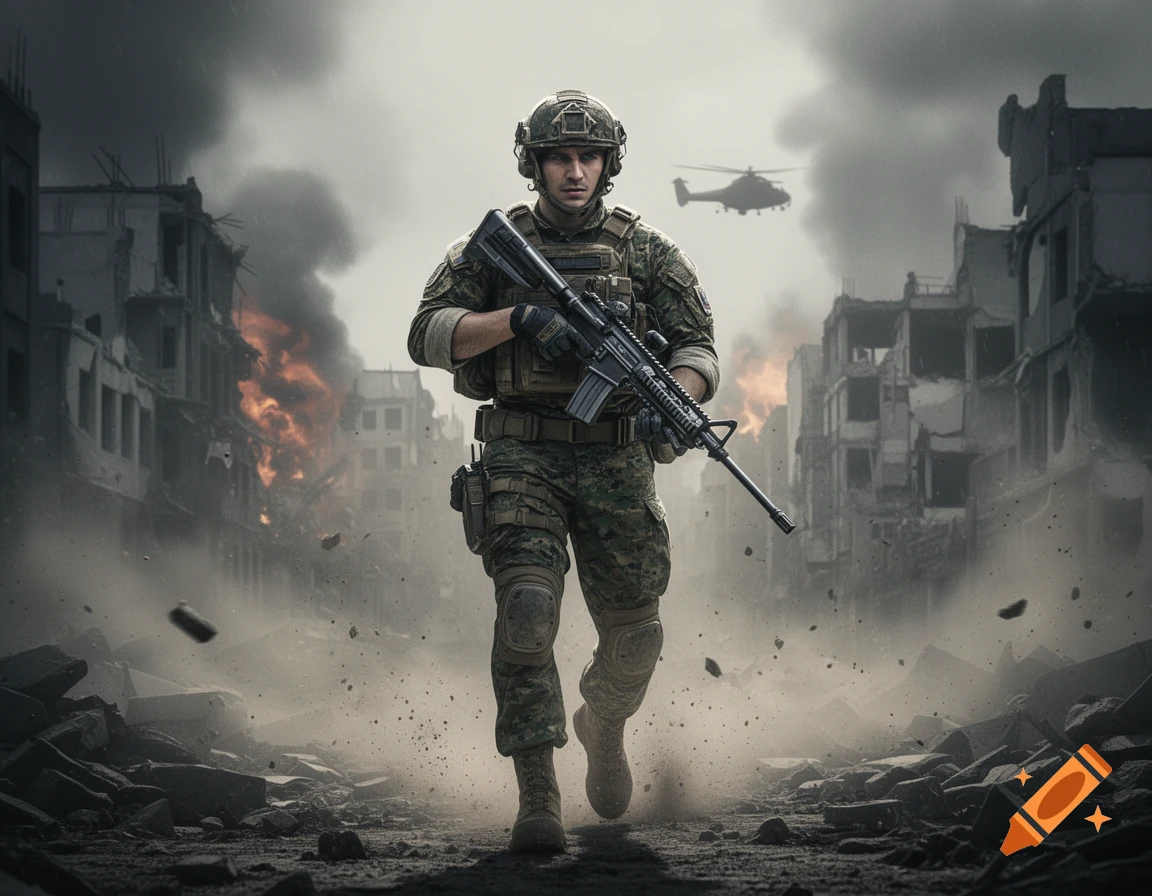 Photorealistic image of a soldier in full gear, walking through a smoke-filled, destroyed city with fires and a helicopter overhead.