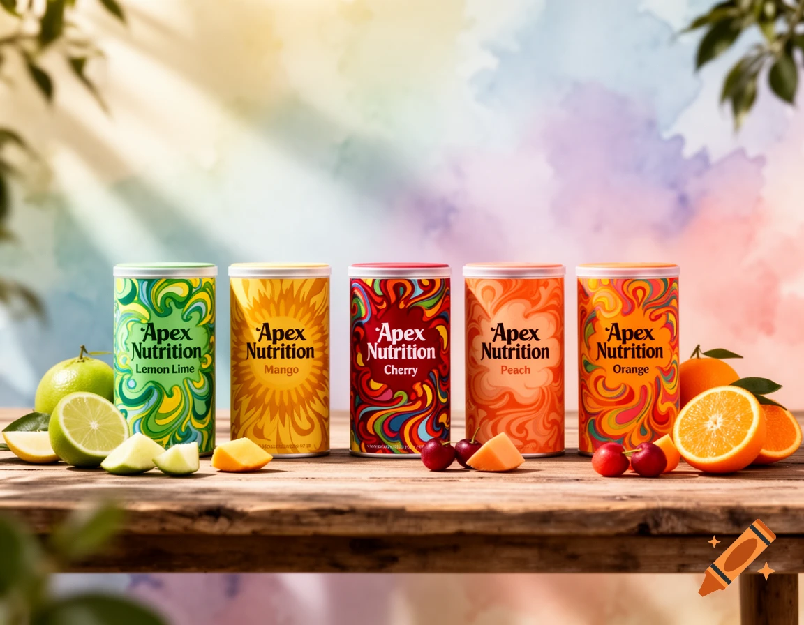 Five colorful "Apex Nutrition" product containers (Lemon Lime, Mango, Cherry, Peach, Orange) with fresh fruits on a wooden table.