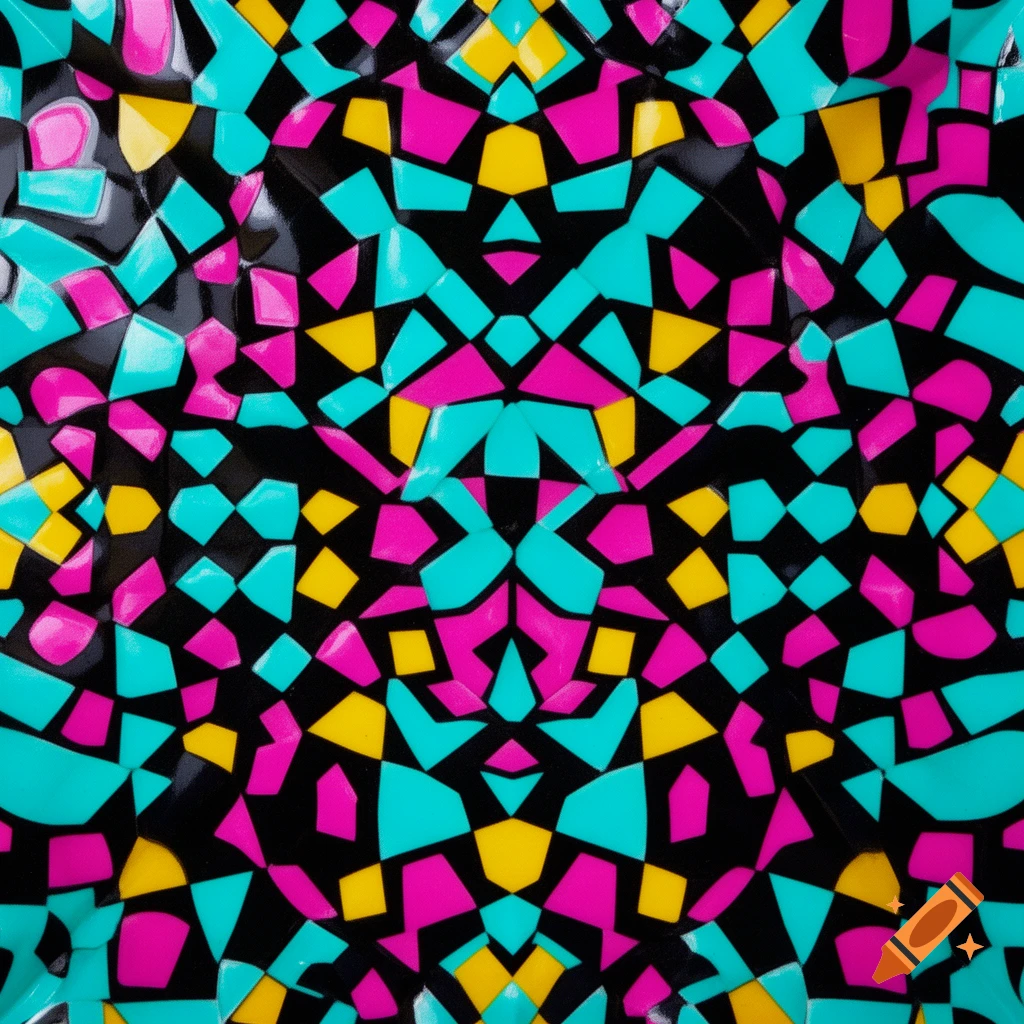 An abstract geometric pattern with cyan, magenta, and yellow shapes on a black background.