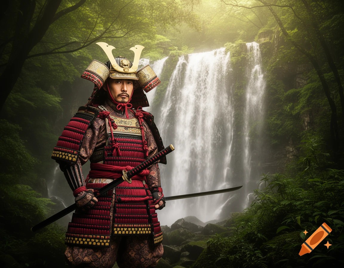 A photorealistic samurai in intricate red and gold armor with a helmet and katana stands in front of a lush forest waterfall.