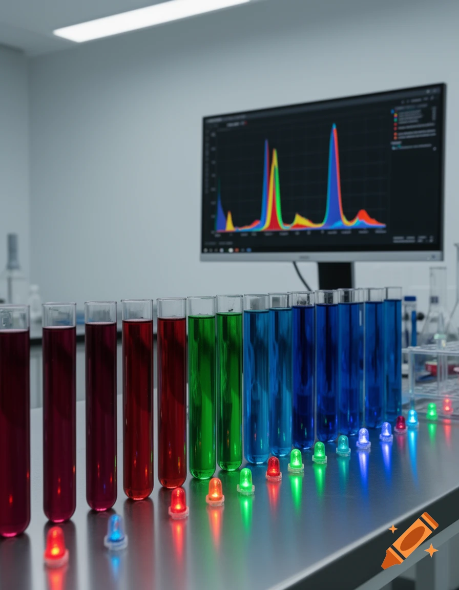 Test tubes with red, green, and blue liquids and small colored lights line a lab counter, with a monitor showing colorful spectra.