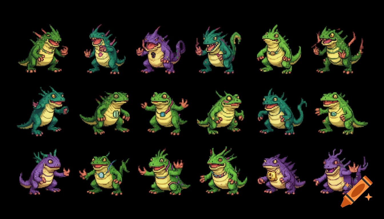 A sprite sheet with 18 pixel art monster creatures on a black background. The creatures are stylized, green or purple, with spikes and cartoonish expressions.