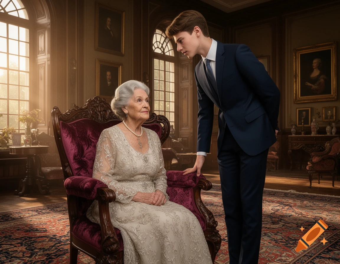 An elderly woman in an ornate dress sits in a velvet armchair while a young man in a suit stands beside her in a grand room, photorealistic.